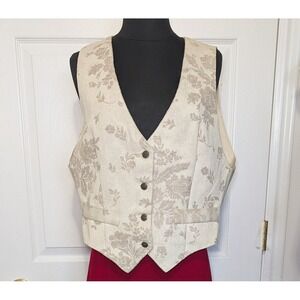 VTG Floral Tapestry Button Front Vest Cream Taupe Waist Coat Sz M Lagenlook 90s